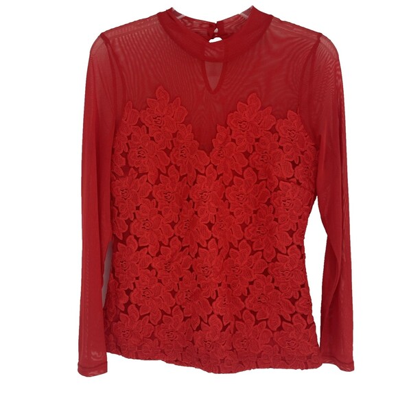 Boston Proper Floral Lace Mesh Knit Top SIZE 8 Red Romantic Feminine Party - Picture 1 of 15